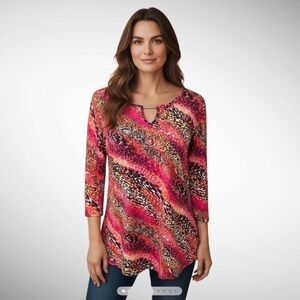 ICY Striped Animal Print Pullover Top with Notched Neckline 3/4-Sleeves